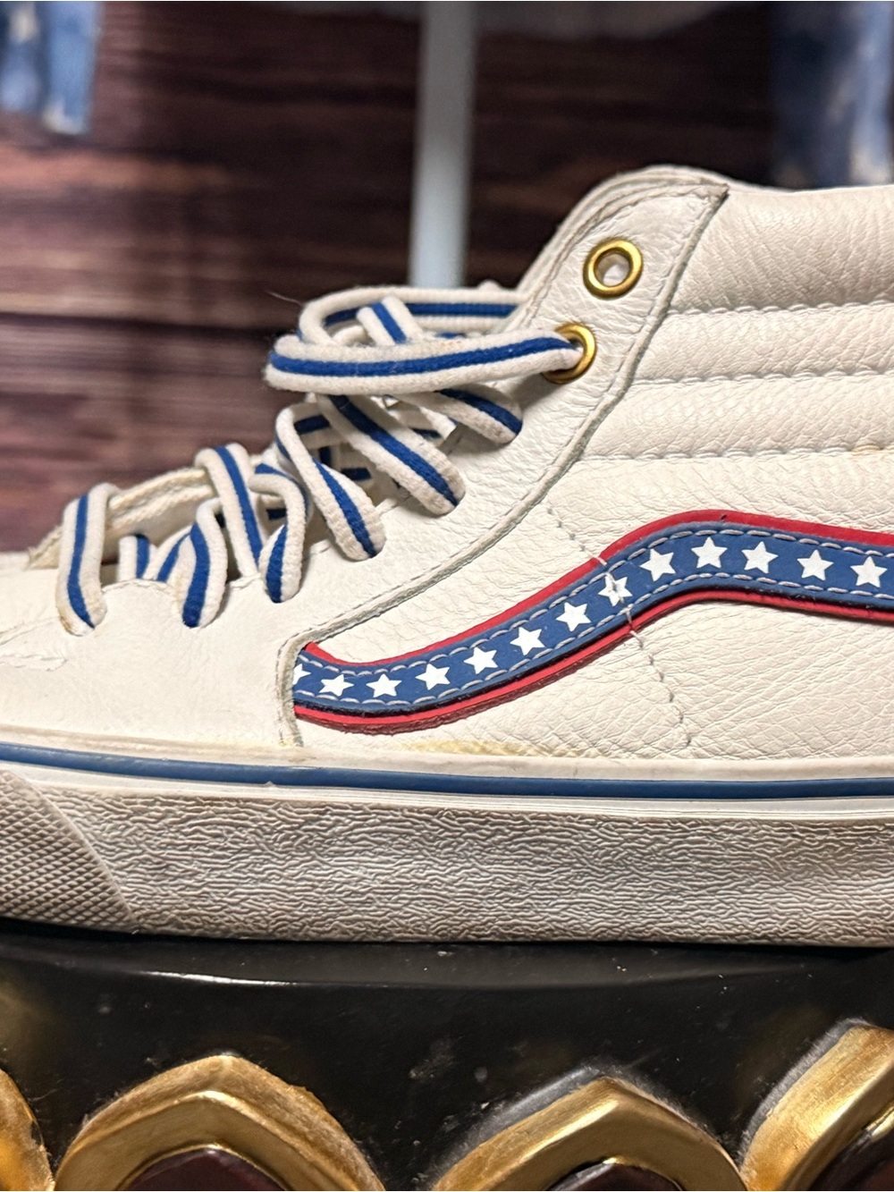 Vans 4th of July - White Leather High-Top Sneakers with Red and Blue Star Stripe